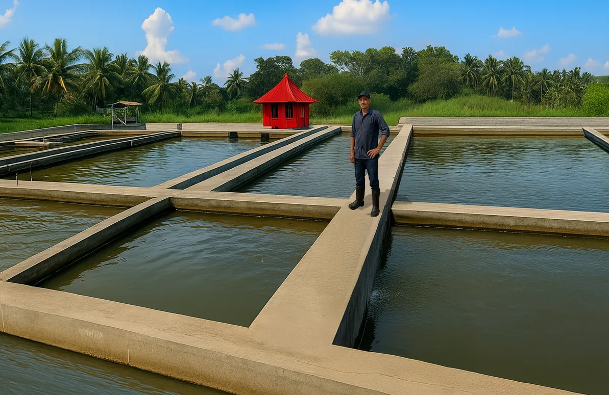 Kolam budidaya ikan Erengan di Situ Daun, Tenjolaya Bogor: petak-petak kolam beton berair jernih dengan pemilik berdiri di pematang